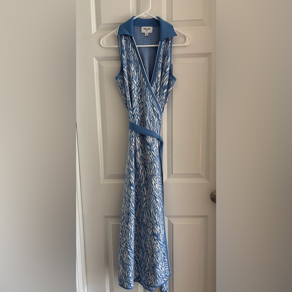Diane Von Furstenberg Blue and White Sleeveless Wrap Maxi Dress